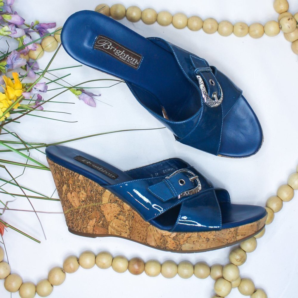 Brighton Blue Summer‎ Patent Leather Open Toe Sandal Wedge Heel Shoes 9 Indigo
